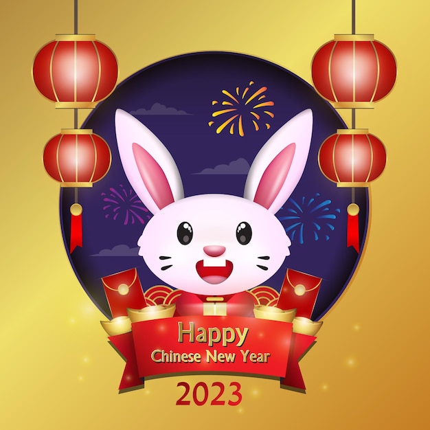 elegant chinese new year greeting with illustration of main point rabbit with golden background