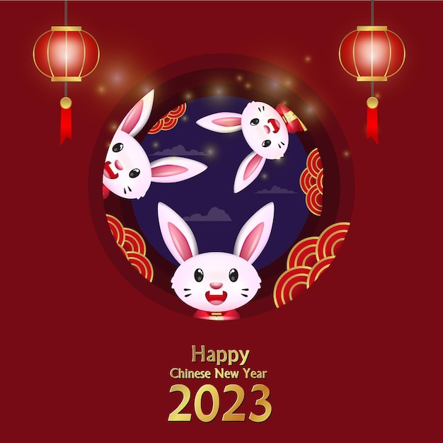 elegant chinese new year greeting with illustration of three peeking bunnies