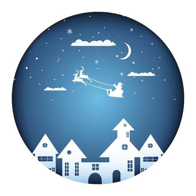 Vector elegant christmas background with paper art with santa house and dear with snowflakes snows and clouds