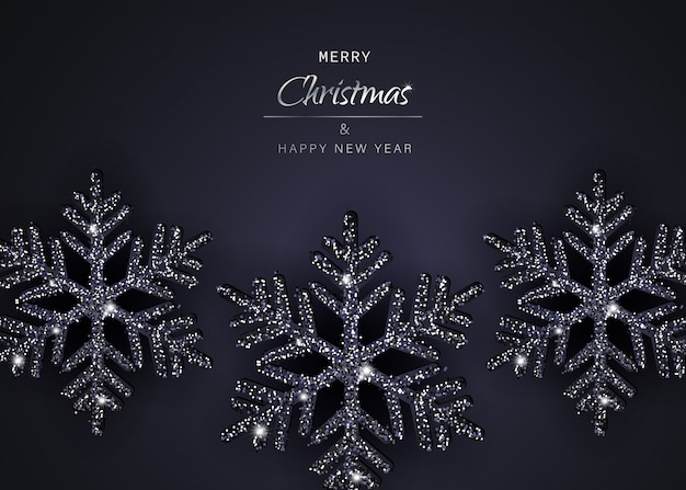 Elegant christmas background with shining black snowflakes. illustration