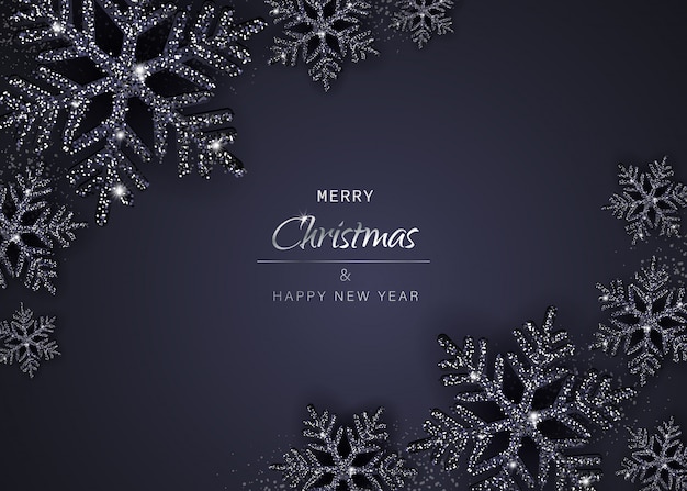 Elegant christmas background with shining black snowflakes. illustration