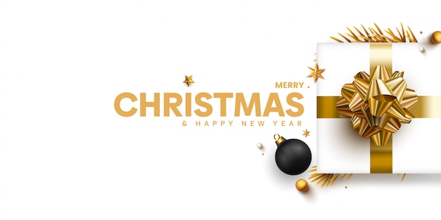 Elegant christmas banner with golden gifts on white 