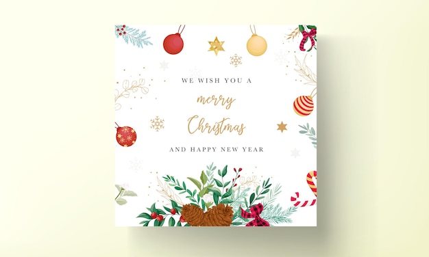 Элегантный дизайн рождественской открытки с рождественскими украшениями и красивыми листьями