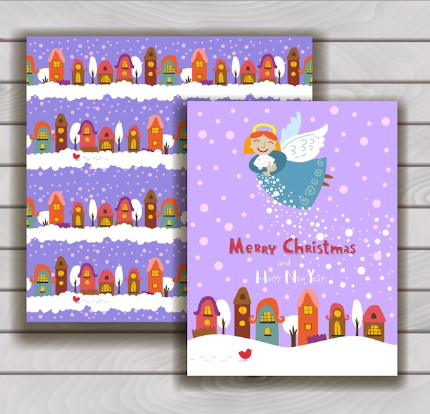 封筒付きのエレガントなクリスマス カード クリスマスの天使が街に雪を散らす