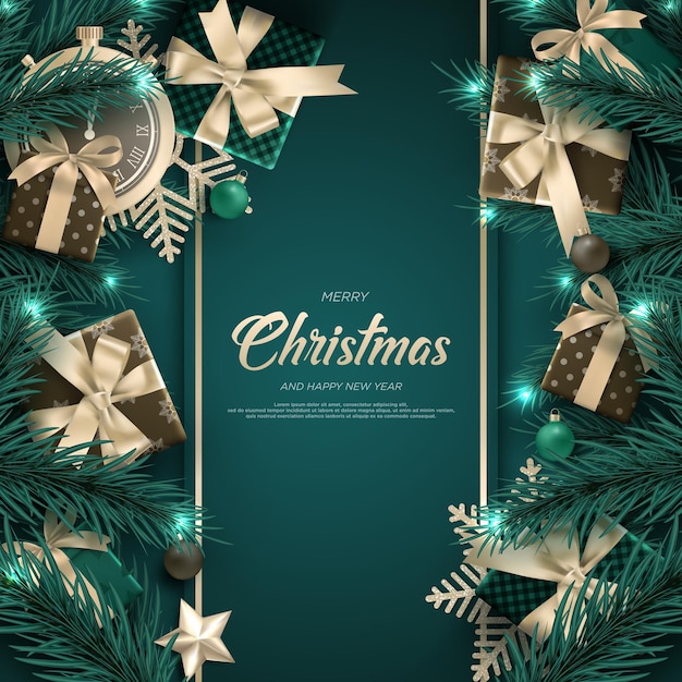 Elegant Christmas and New Year background with realistic gift box and clock