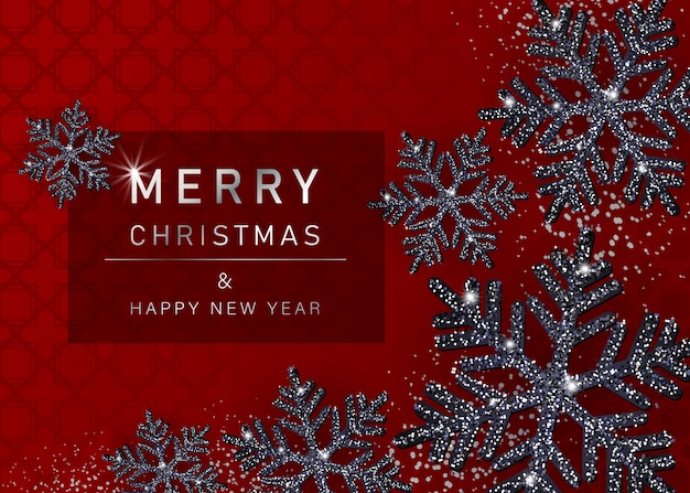 Elegant Christmas red Background with Shining black Snowflakes. illustration