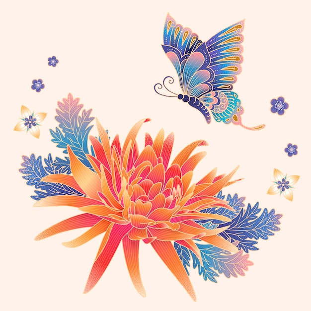 Elegant chrysanthemum and butterfly in gradient colors for design uses