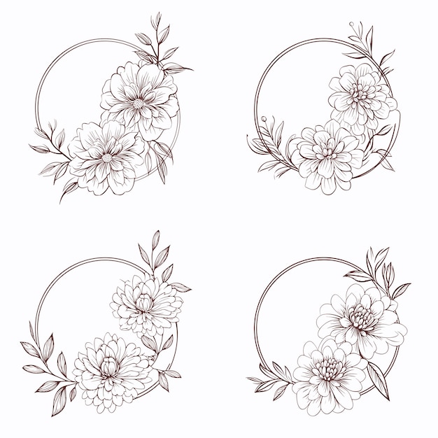 Elegant circle floral frame Hand drawn logo template in line art with flowers