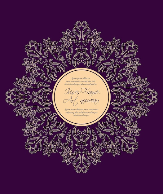 Elegant classic vintage round frame Golden irises on a dark purple background Retro baroque For business cards weddings invitations postcards logo design elements