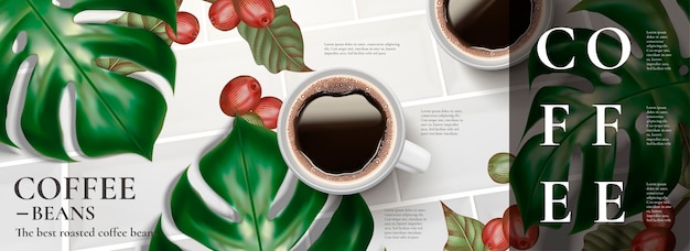ブラックコーヒーと熱帯の葉の上面図のエレガントなコーヒーバナー広告