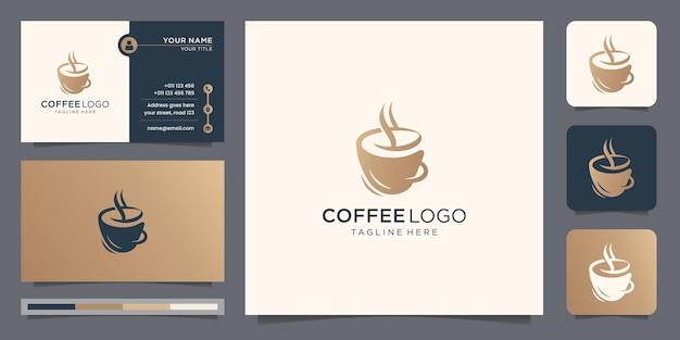 Elegante modello di progettazione del logo del caffè e biglietto da visita. colore dorato, tazza da caffè, tazza creativa.