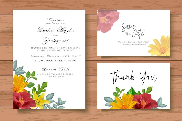 Vettore set di biglietti d'invito per matrimonio floreale elegante e colorato