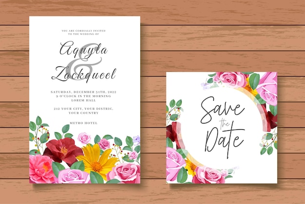 Set di biglietti d'invito per matrimonio floreale elegante e colorato