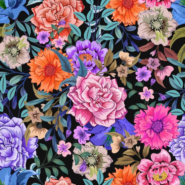 植物の花柄のイラストとエレガントなカラフルなシームレスパターン