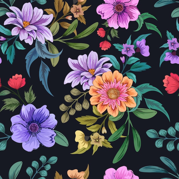 Elegante motivo colorato senza cuciture con illustrazione di disegno floreale botanico