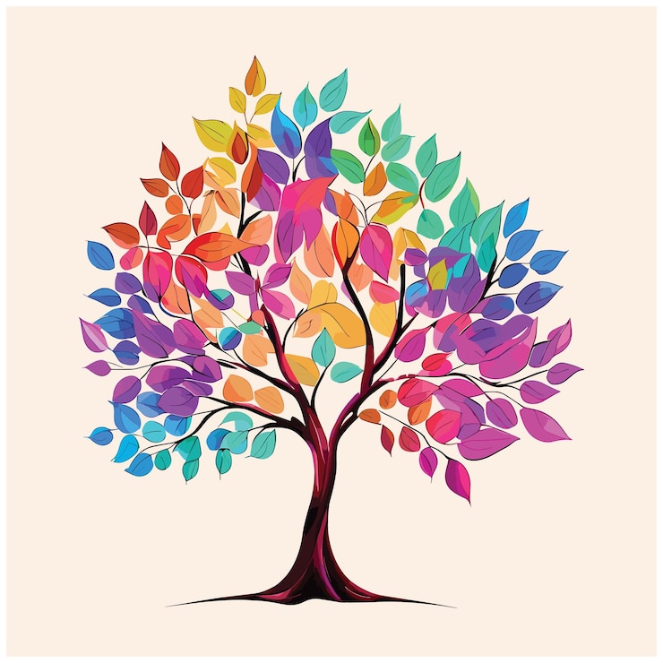 Vector elegant colorful tree with vibrant leaves hanging branches illustration