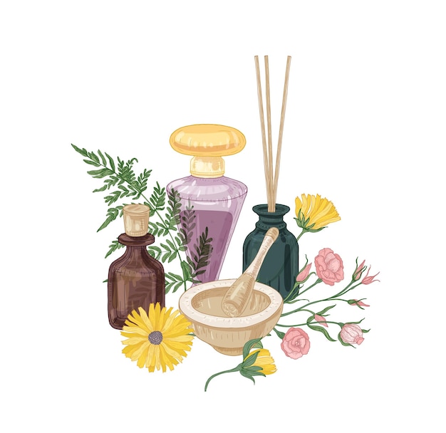 Vector elegant composition with aroma cosmetics, fragrances or odorants in glass bottles, mortar and pestle, incense sticks and beautiful blooming flowers