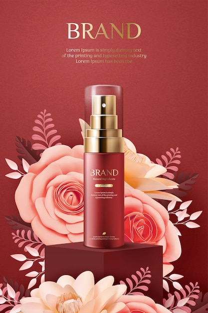 Vector elegant cosmetic ads with paper art blossoms