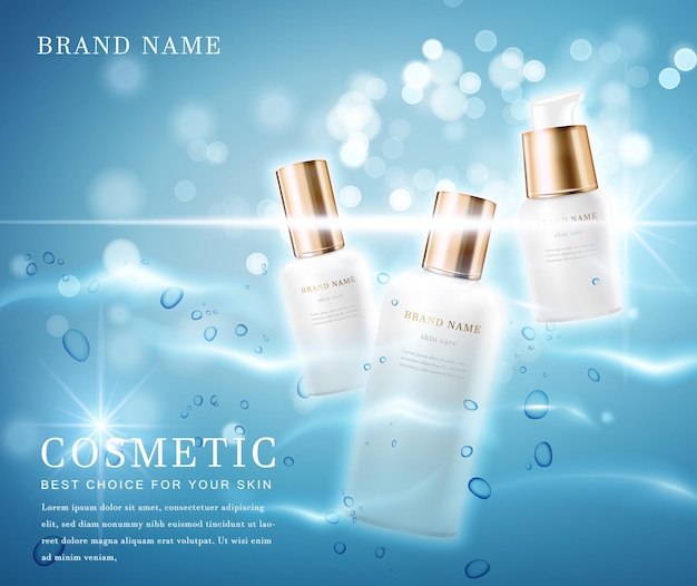 Elegant cosmetic bottle container with shiny water glimmering background template banner.