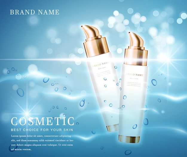  elegant cosmetic bottle container with shiny water glimmering background template banner.