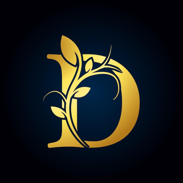 Vettore elegante logo di lusso d logo alfabeto floreale dorato con foglie di fiori perfetto per gioielli di moda