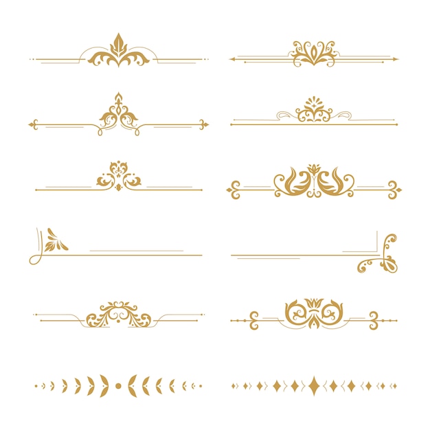 Elegant damask dividers. Vintage boutique flower divider, gold floral ornament and wedding book frames design elements set