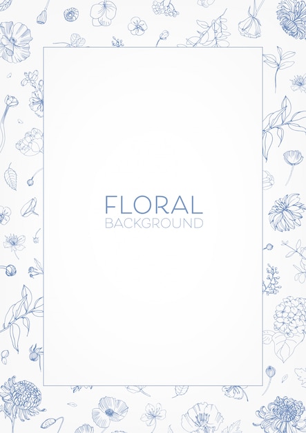 Elegante cornice decorativa floreale o bordo con fiori fioriti disegnati a mano con linee di contorno blu e posto per il testo al centro.