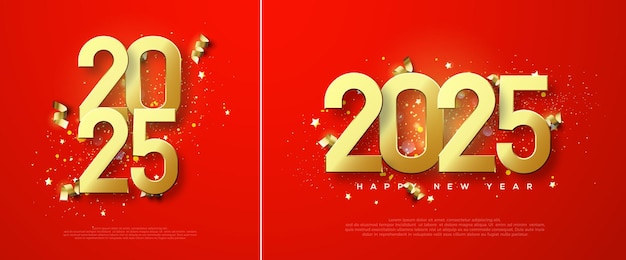 Vettore design elegante happy new year 2025 illustrazione di numeri d'oro con luccioli d'oro lussuosi e luccicanti design vettoriale premium per saluti e celebrazioni di happy new year 2025.