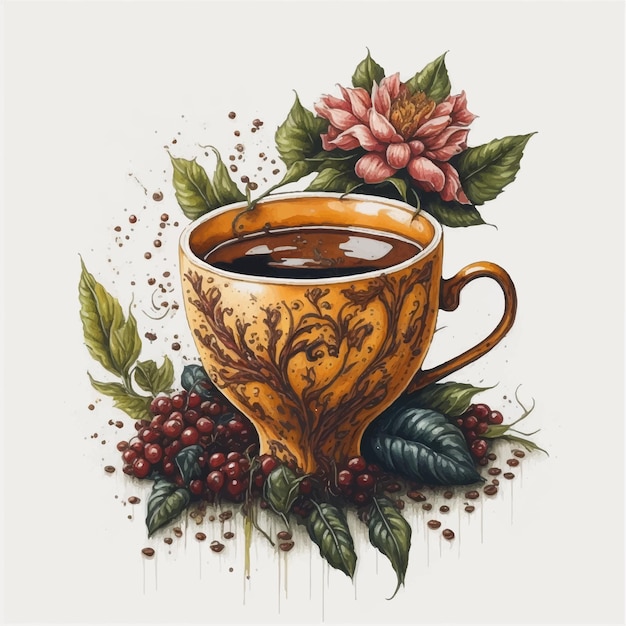 Elegant detailed vintage watercolor of coffee in vibrant high contrast tones