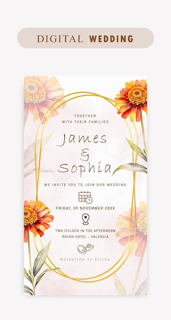elegant digital wedding invitation with beautiful orange watercolor flowers