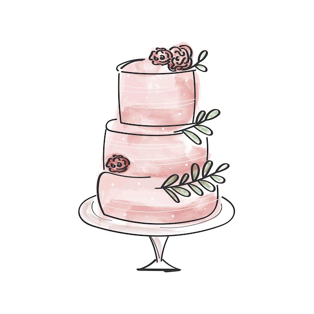 Elegant doodle three tier cake with flowers Hand drawn watercolor celebration design