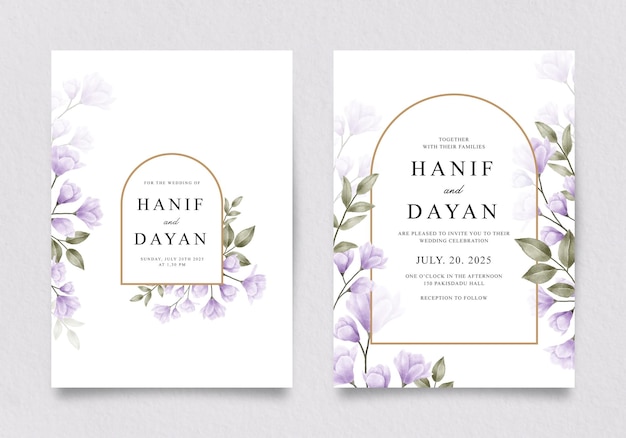 Elegant double sided wedding invitation set with purple flowers and leaves