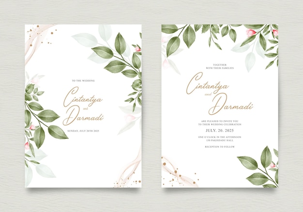 Elegant double sided wedding invitation template set with leaves and flowers