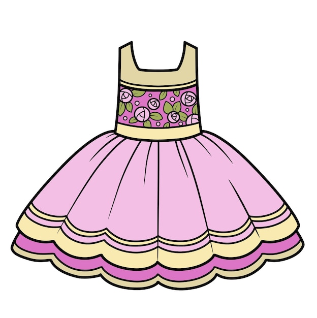 Vector elegant dress with a fluffy skirt and an ornament of roses on the bodicet color variation for coloring page isolated on white background