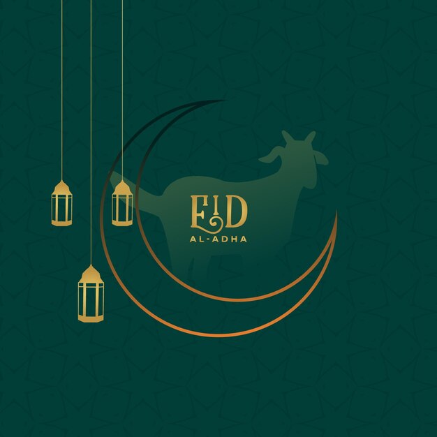 Elegant eid al adha festival card design with goat moon lantern islamic background