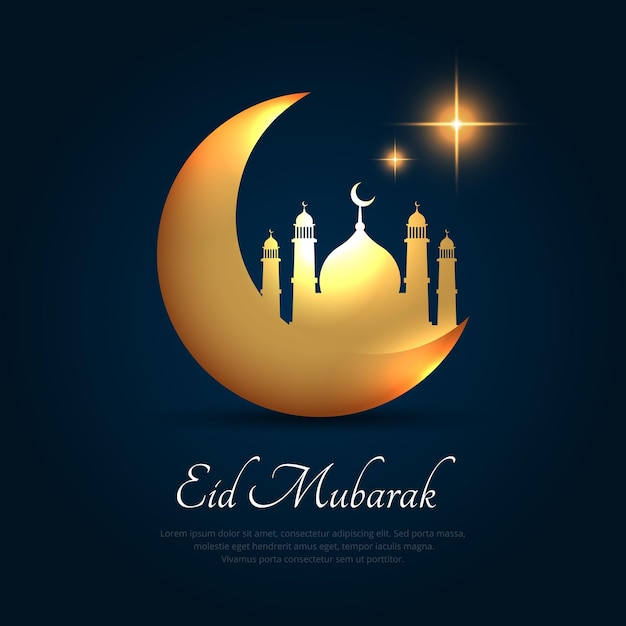 Elegant eid mubarak design background with mosque and crescent moon vector simple and clean ramadan kareem background