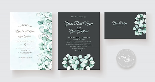 Vector elegant eucalyptus wedding invitation card set