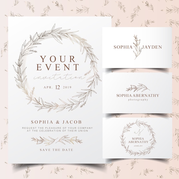 Elegant eucalyptus wreath invitation card and logo design