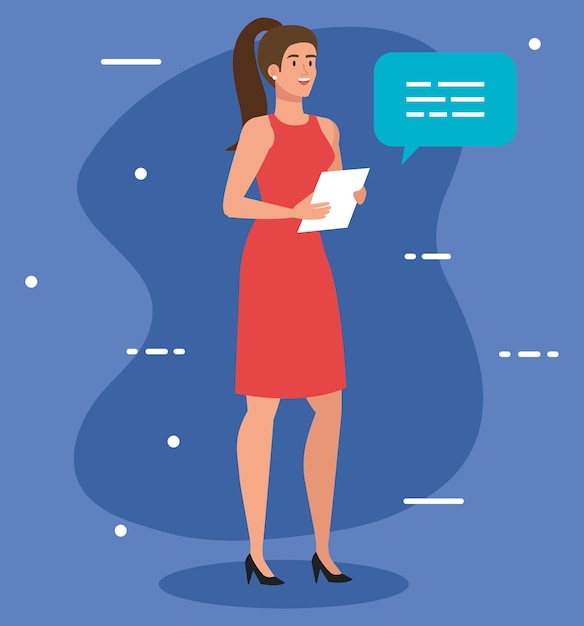 Elegant executive businesswoman with document and speech bubble illustration design