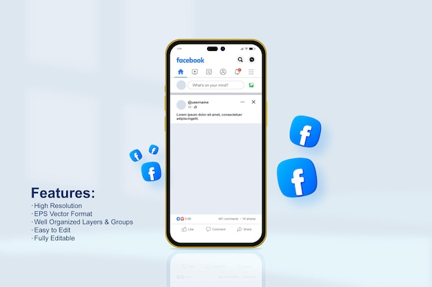 Vettore elegante modello di mockup per dispositivi mobili di facebook