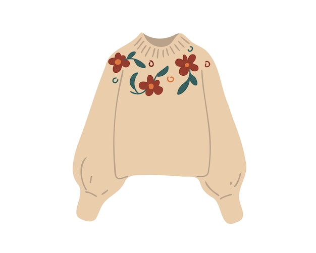 Elegant and fashionable beige wool jumper or cardigan with floral embroidery.
