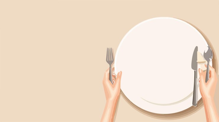 Vector elegant female hand holding empty plate and cutlery on beige background