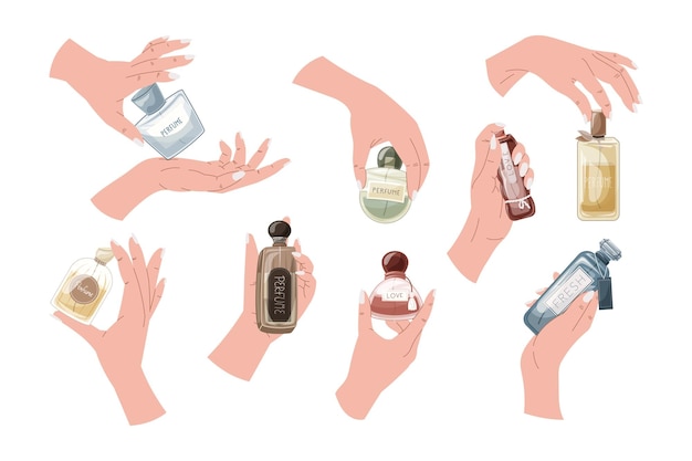 Elegant female hands holding bottle of perfume Set of vector cartoon aromatic perfumed water