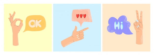 Vector elegant female hands with various gestures and bubbles for text on a colored background. . heart with shadow and the inscription