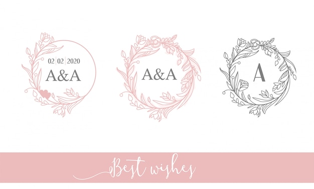 Elegant feminine round logo. Flower frame, initials. Lineart.