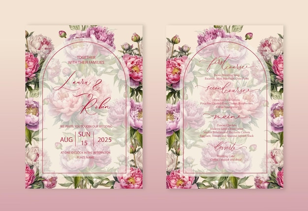 Elegant floral botanical arch wedding invitation template with watercolor peonies flowers