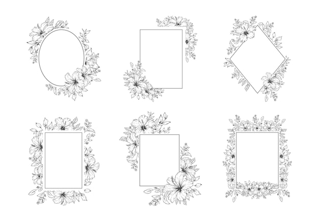 Elegant floral frame with outline hand drawn hibiscus flowers and leaves