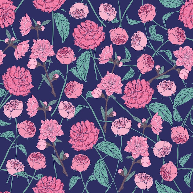 Elegant floral pattern with beautiful roses on dark background.