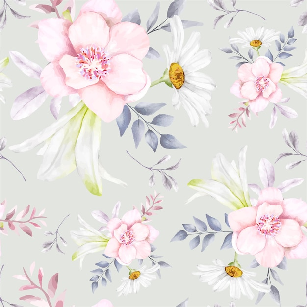 Elegant floral seamless pattern with beautiful flower and leaves watercolor