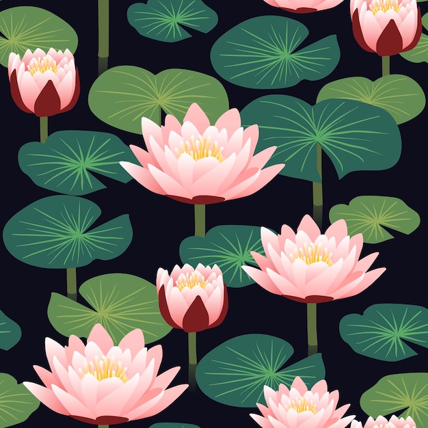 Elegant floral seamless pattern with lotus over black background